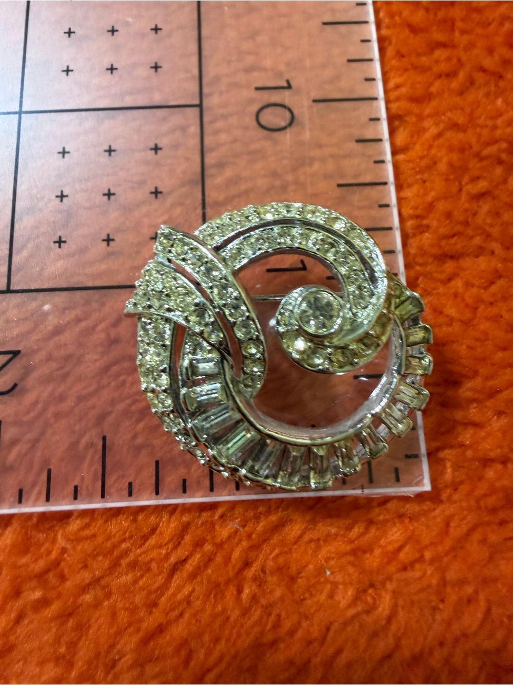 Vintage Rhinestone Swirl Brooch Silver Tone Baguette Stones Mid Century